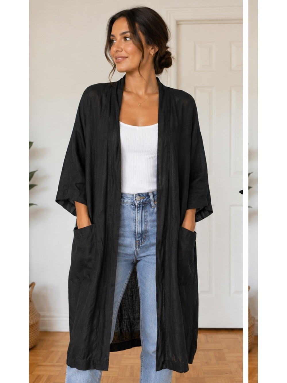 Black Linen Blend Long Open Front Duster Cardigan